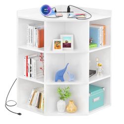 Aheaplus Corner Cabinet Power Outlet & LED Lights & 9 Storage Cubes White