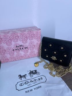 Coach Black Leather Floral Appliqué Chain Crossbody