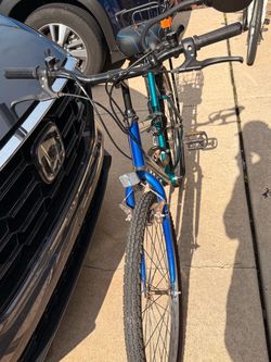 Blue Hybrid City Bicycle with Front Basket