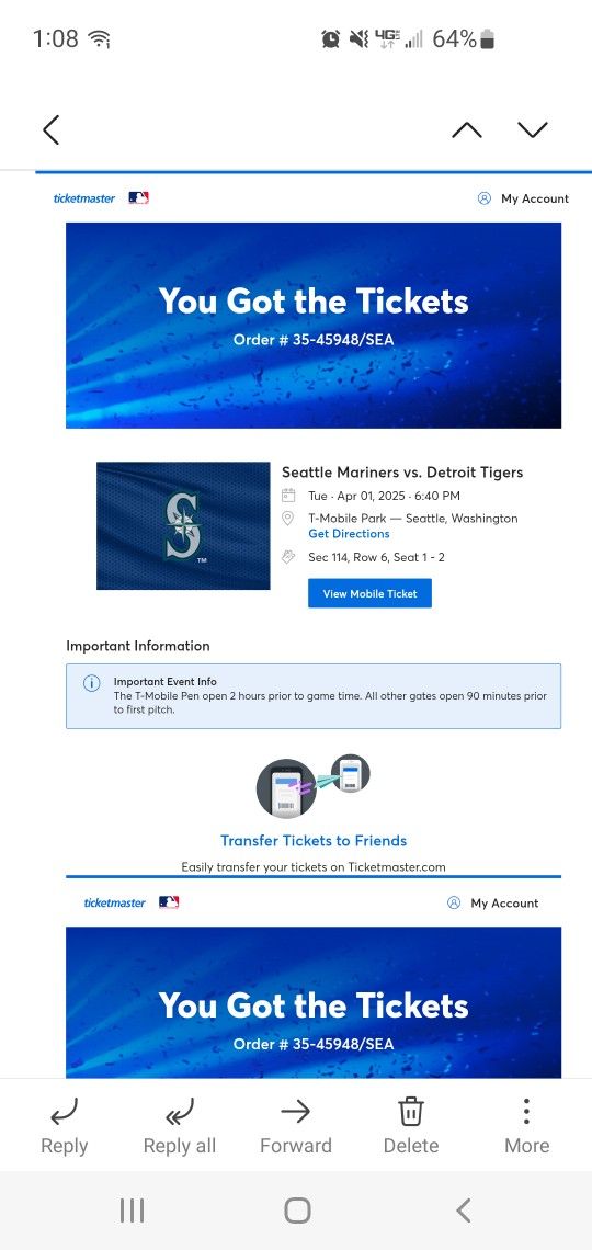 Seattle Mariner Tickets 4/1
