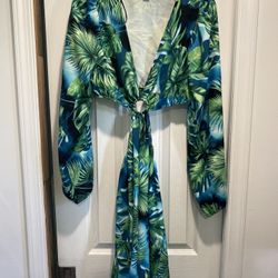 Amisu tropical leaf print deep V-neck long-sleeved cutout romper dress Size 10