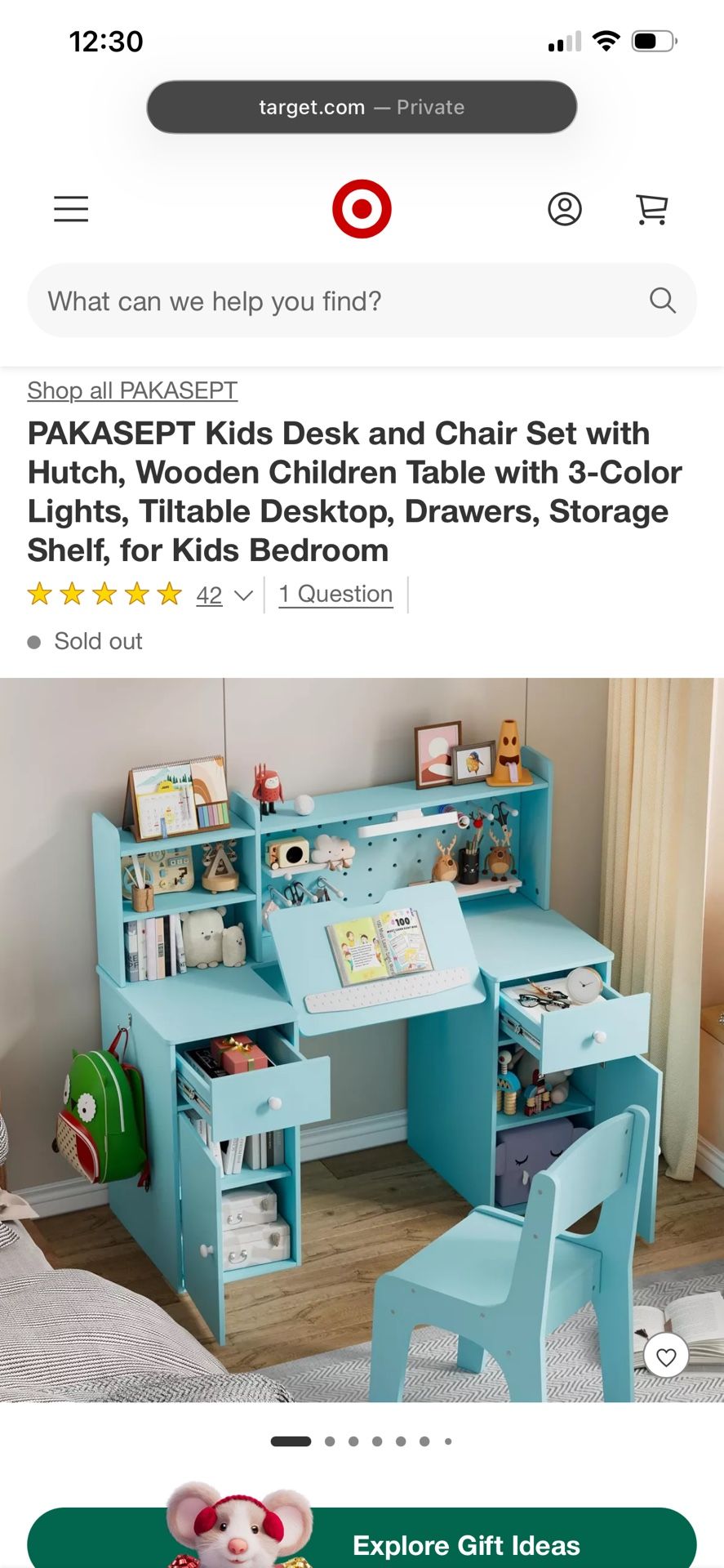 PAKASEPT Kids Desk and Chair Set with Hutch, Wooden Children Table with 3-Color Lights, Tiltable Desktop, Drawers, Storage Shelf, for Kids Bedroom