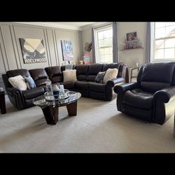 Brown Leather Sectional With 3 Recliners (2 Powered) And Powered Brown Recliner Chair