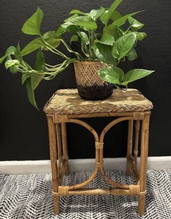 Vintage Wicker Bamboo Side Accent Table Plants Stand Boho Farmhouse