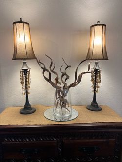 Pair of Bronze Table Lamps with Beaded Accents