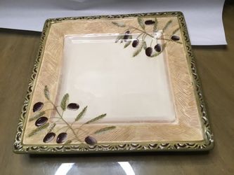 Square Ceramic Plate with Olive Branch Design
