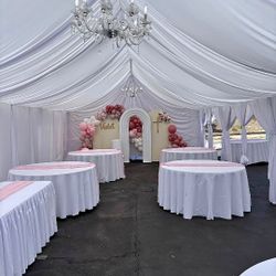 Tent
Drapping 
Chairs and Tables 
Chandeliers
Tablecloth