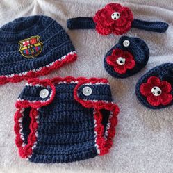 Crochet Baby Girl FC Barcelona Soccer Inspired Outfit Photo Prop 