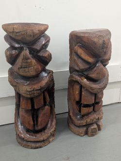 Pair of Vintage Hand-Carved Wooden Tiki Totem Statues - Heavy Solid Wood