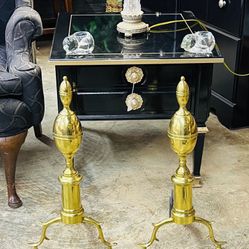 (2)VTG WILLIAMSBURG CW 100-2 VIRGINIA METALCRAFTERS/HARVIN RALEIGH TAVERN BRASS “LEMON TOP” ANDIRON