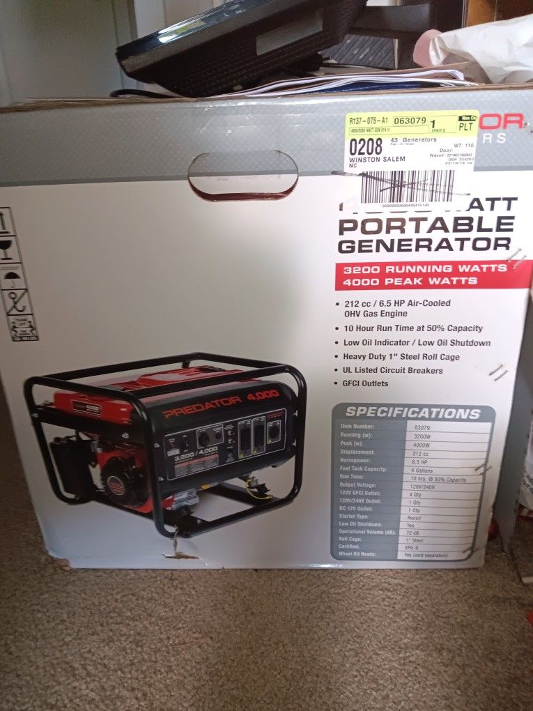 4000 Watt Portable Generator In Unopened Box- $320 OBO