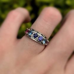 Jewelry 14k solid white gold rose quartz ruby sapphire purpurite cobalt aquamarine 0.40CTW ring sz 7.50