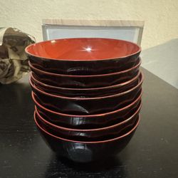 Set of 7 Japanese Style Miso Soup Bowls - Red & Black Textured