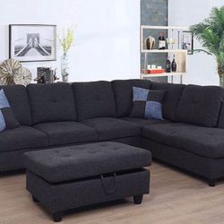 New Black Grey linen Sectional Sofa W/ Free Ottoman And Pillows  New In Original Boxes