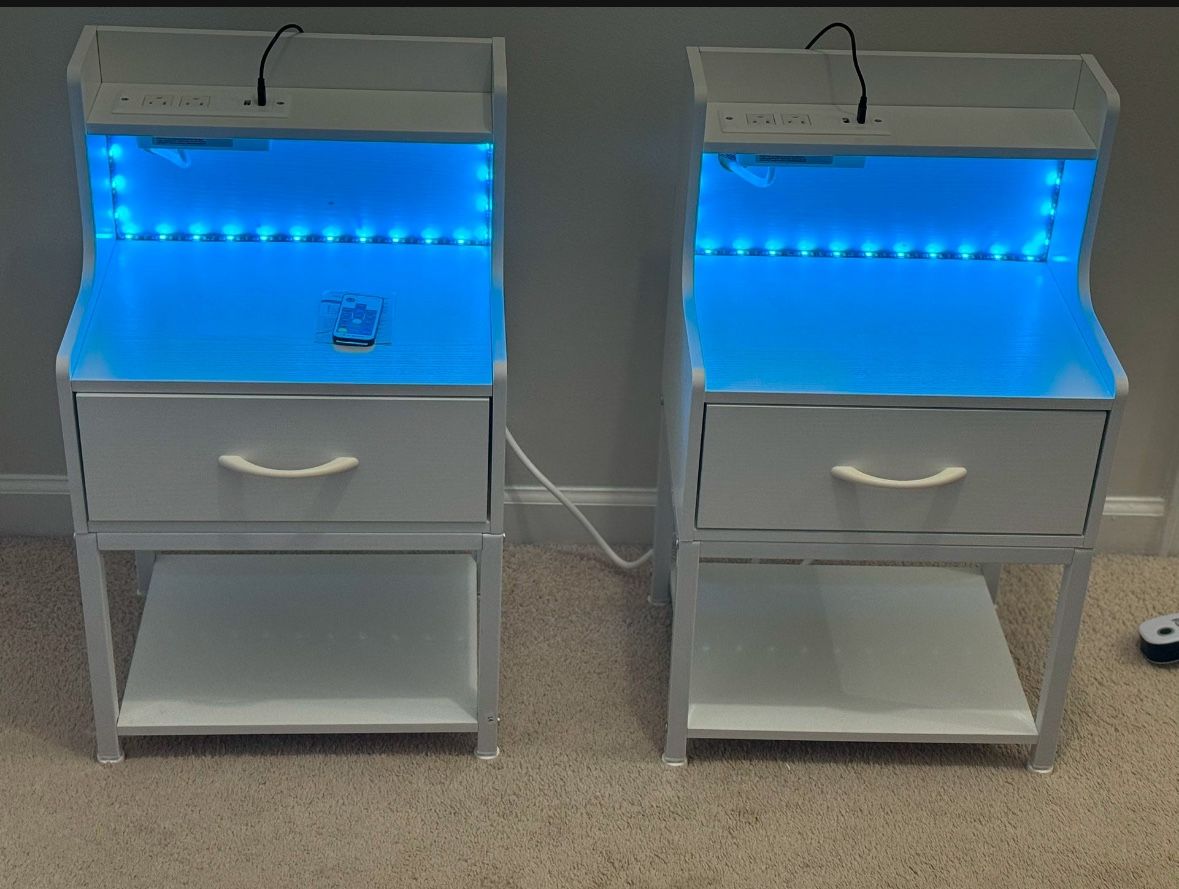 Set of 2.Labcosi White Bedside Table with Drawer Nightstand with Charging Station and LED Light Modern Bedroom End Tables