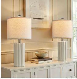 Modern Beige Ceramic Table Lamp Set of 2 for Living Room Bedroom 21" Farmhouse Nightstand Bedside Lamps