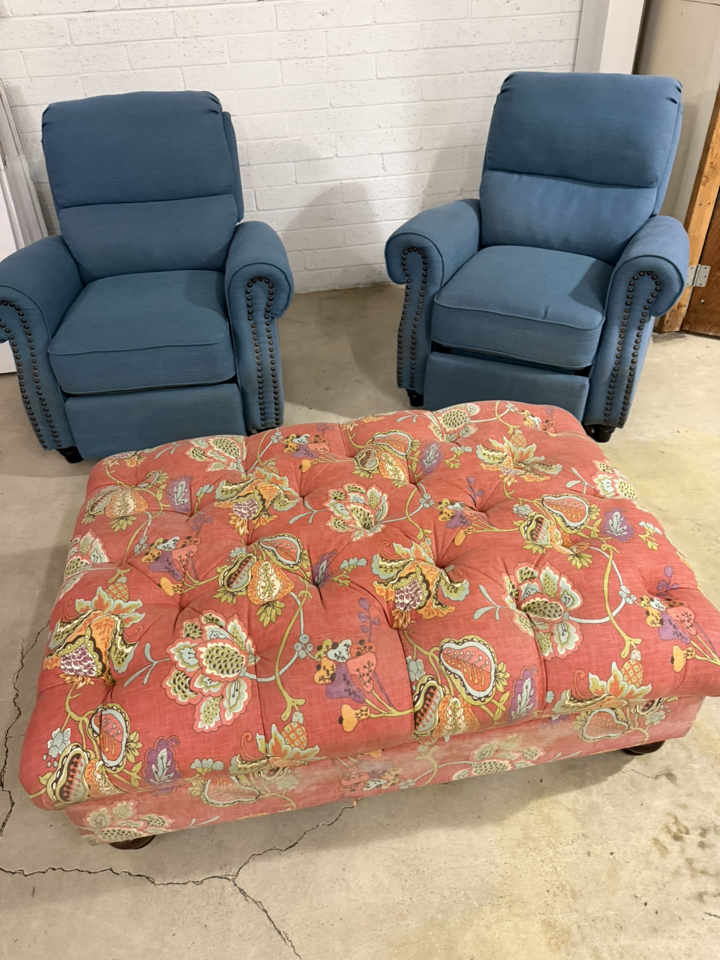 Two Blue Recliner Chairs + Large Tufted Ottoman (Set)