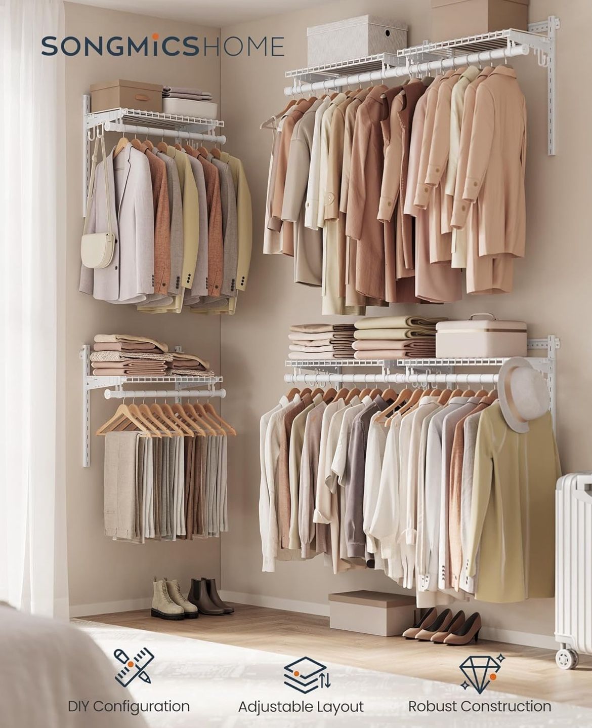 HOME Closet System, Closet Insert Organizer, 4-8 ft, Adjustable Metal Shelving Unit with 6 Hanging Rods, 6 Shelves, and Hooks, for Pantry Mudroom Gara