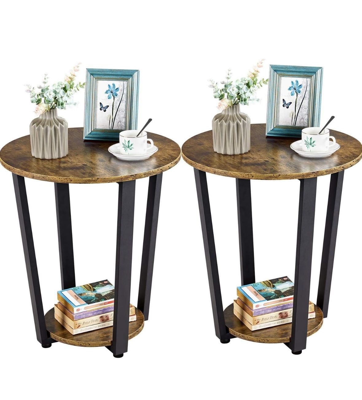 Industrial End Table for Living Room Set of 2, Round Side Table with 2 Tier Storage Shelf, Sturdy Couch Tables Accent Tables Coffee Tray, Rustic Brown