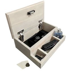Guard The Line Concealed Catch-All – Concealment Valet Tray Organizer – Jewelry and Watch RFID Lock Box – EDC Tray (Whitewashed Wood)