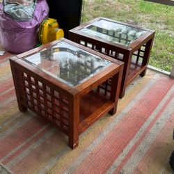 Set of Wood And Glass end Tables 
