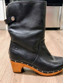 UGG Black Leather Clog Heel Boot