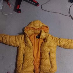 Geuss Yellow Puffer Jacket With Removable Hood.