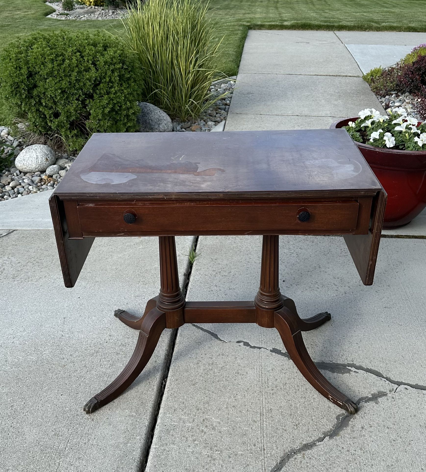 Vintage Drop Leaf Mahogany Console Table Entry Side Table Claw Foot with Drawer. Imperfect