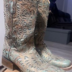 Corral Women’s Square Toe Bronze/Turquoise Glitter Western Boots - Size 9