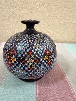 Hand-Painted Ceramic Lidded Jar 5”x5.25” Folk Art Floral Storage