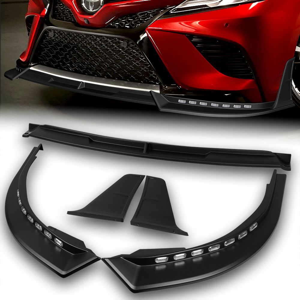 For 2018 2019 2020 Toyota Camry SE XSE Black LED Sequential Light Front Bumper Lip -(2-PU-210-LED