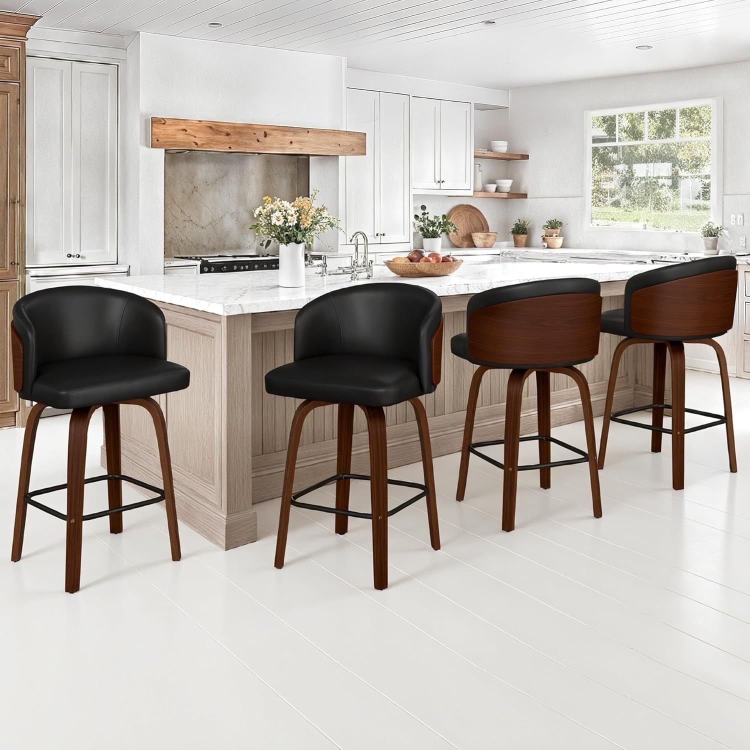Swivel Bar Stools Set of 4, 26" Mid Century Modern Counter Height Stools, Faux Leather Barstools with Bentwood Back for Kitchen Island Home Bar Cafe (