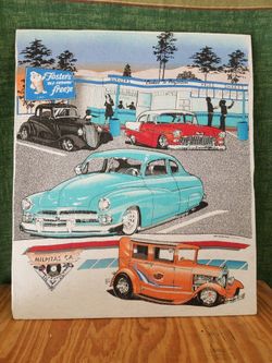 T-shirt Art Cars Trucks 40's 50's 60' Bass Fishing On Backer Board.