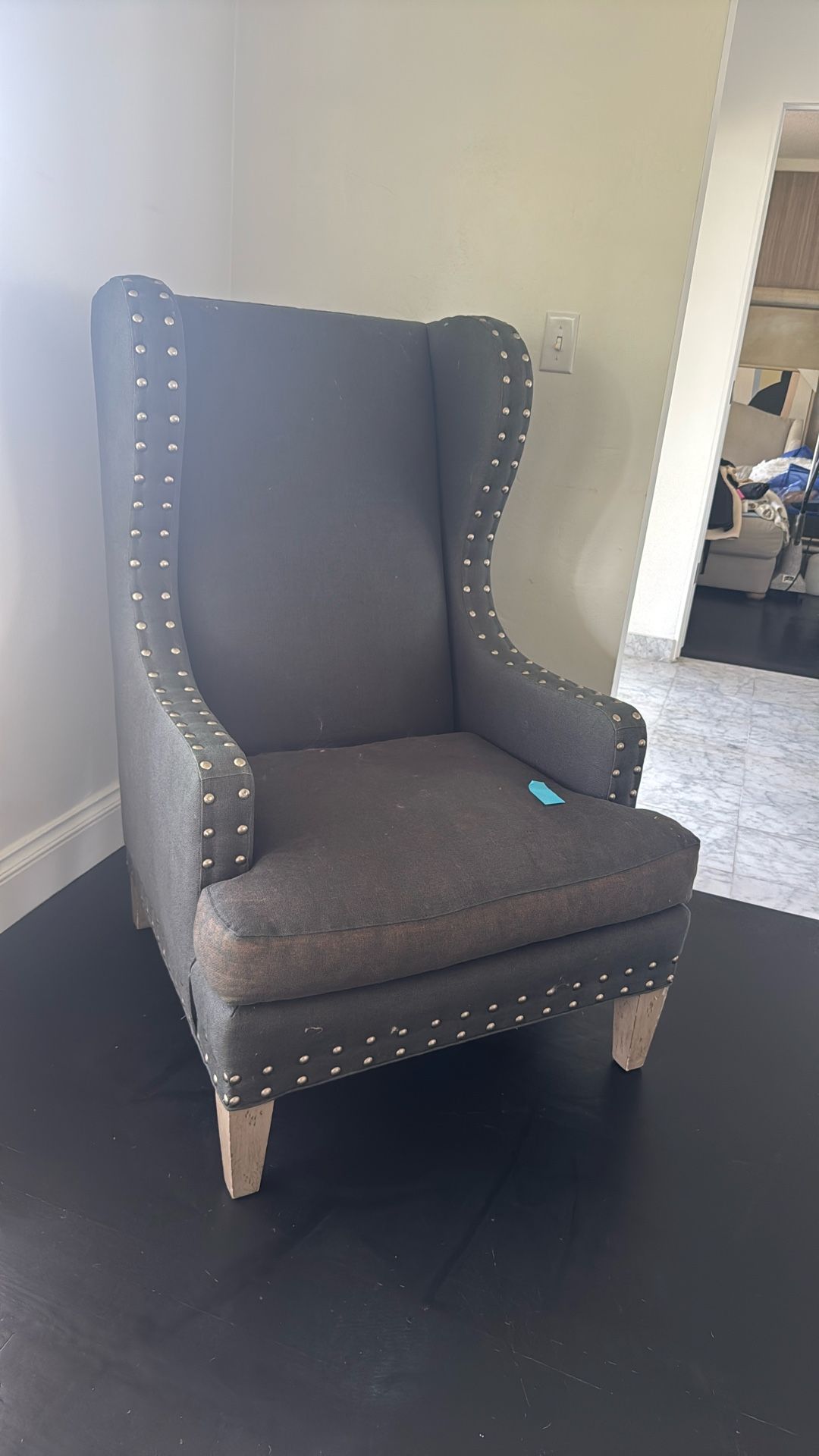 Dark Gray Wingback Armchair with Nailhead Trim