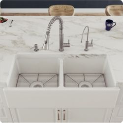ALFI Brand AB3918DB 39" Smooth Thick Wall Fireclay Double Bowl Farmhouse Sink (New Open Box)