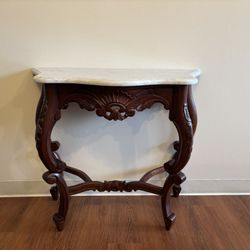 Antique Victorian Marble Top Console Table With Carved Solid Walnut/Mahogany Base, 30”H x 34”W x 16”D, 1” thick heavy top, excellent condition.