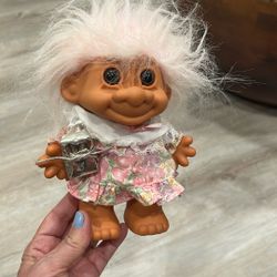 Vintage Russ 8" Birthday Party Girl Troll Doll w/Light Pink Hair in Floral Dress
