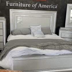 King Size Bed - Silver Glam Bed With LED Lighting  On Headboard Footboard