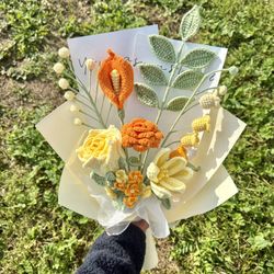 Crocheted yellow rose and orange calla lily bouquet
