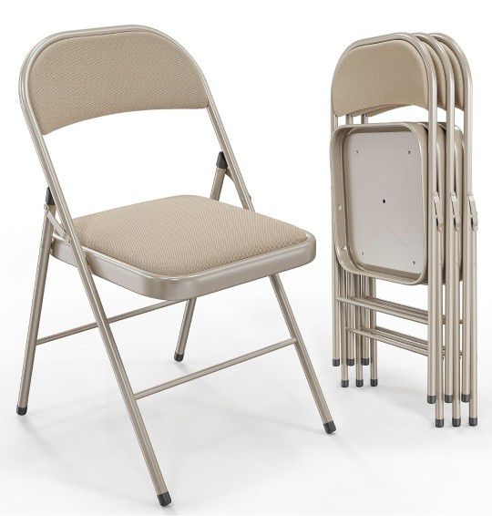 Folding Chairs with Padded Seats, Metal Frame with Fabric Seat & Back, Capacity 350 lbs, Khaki, Set