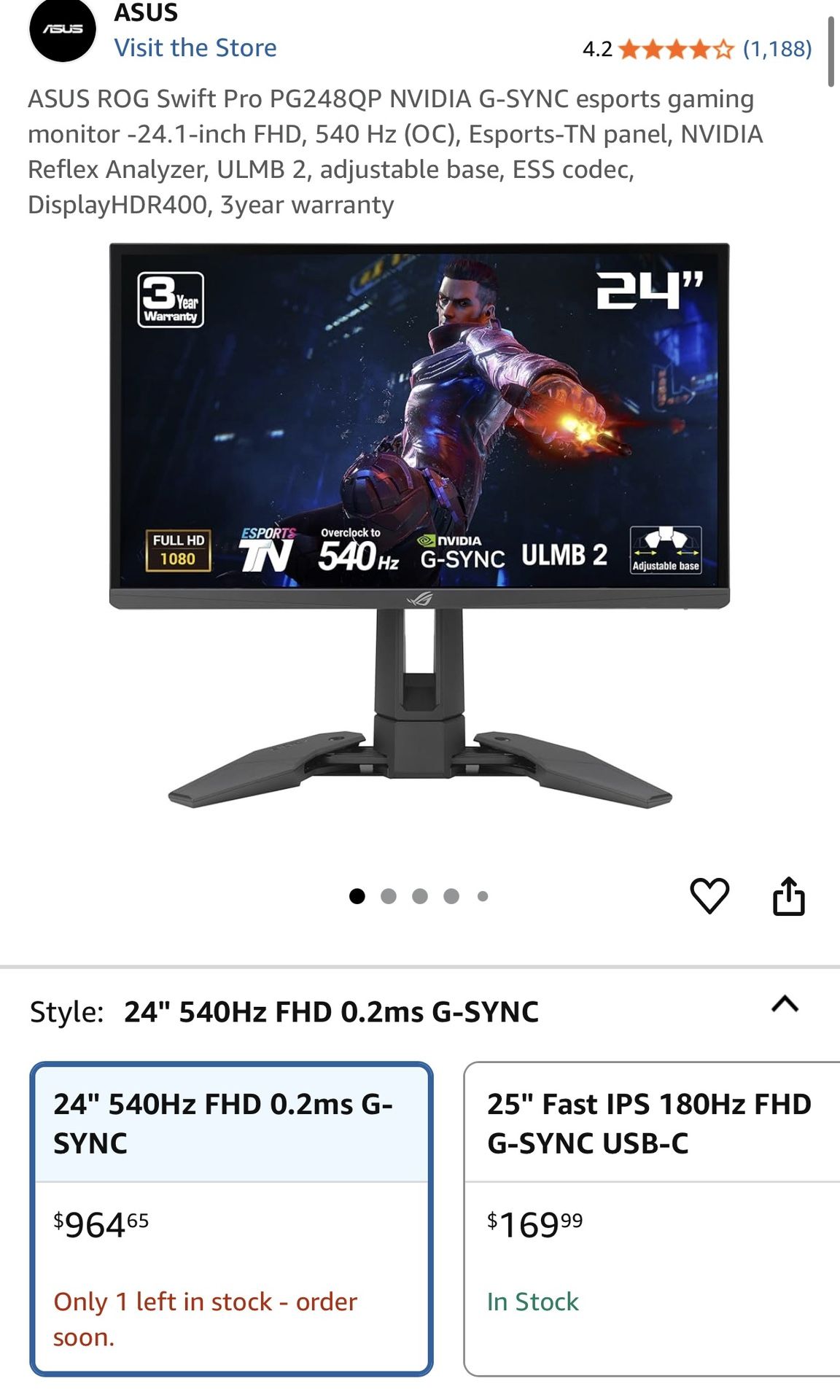 ASUS ROG Swift Pro PG248QP NVIDIA G-SYNC esports gaming monitor -24.1-inch FHD, 540 Hz (OC), Esports-TN panel, NVIDIA Reflex Analyzer, ULMB 2, adjusta