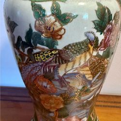 Vintage Chinese hand-painted Moriage Vase. Vibrant colors! Floral and peacocks