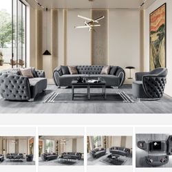 Victoria Gray Velvet Sofa & Loveseat 