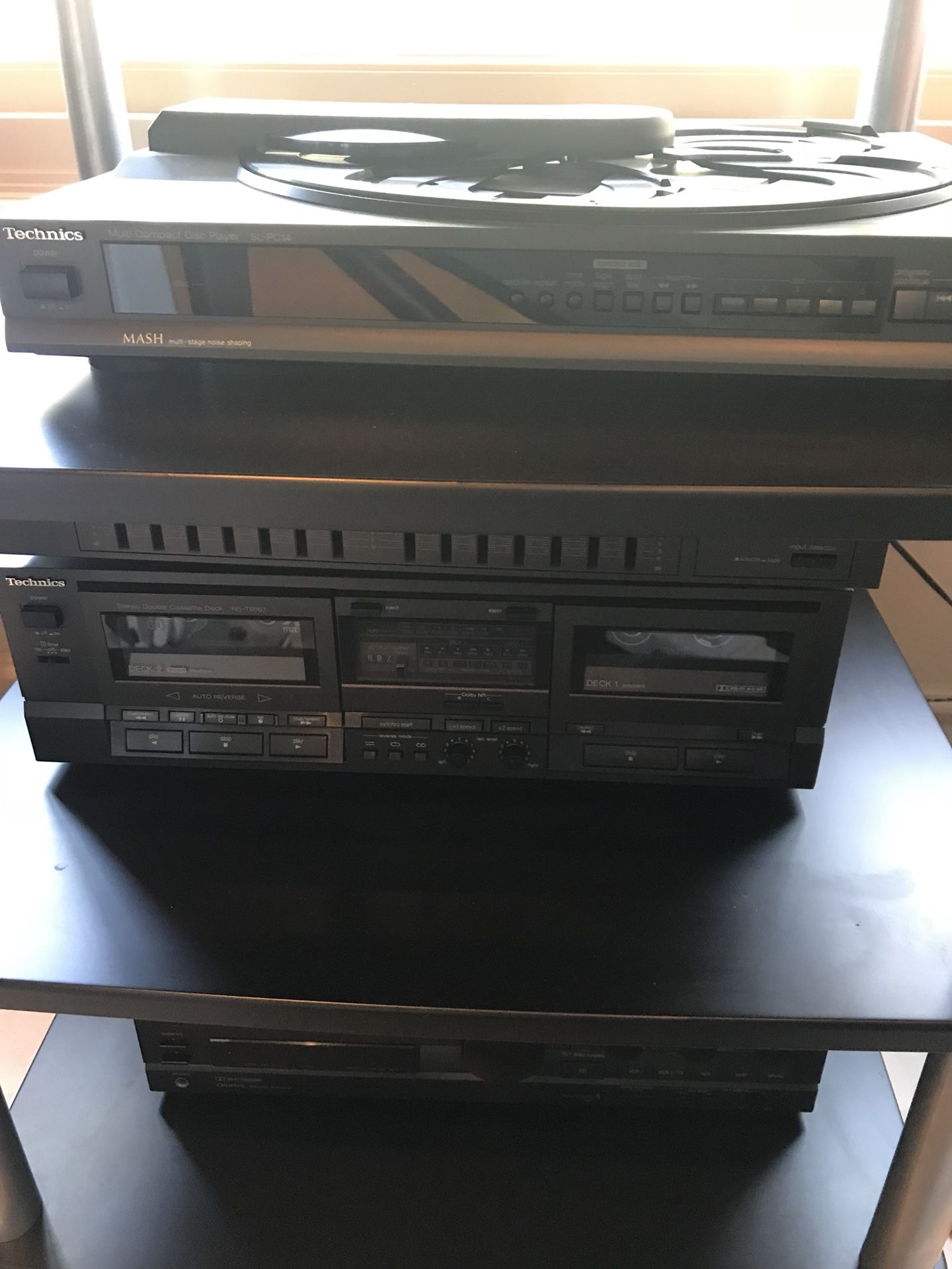 Media Cabinet Stand With Vintage Cassette Player, Technics DVD Player, & Radio, Stereo System