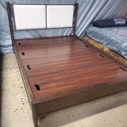 Beautiful Solid Wood Queen Bed With Fabric Headboard 