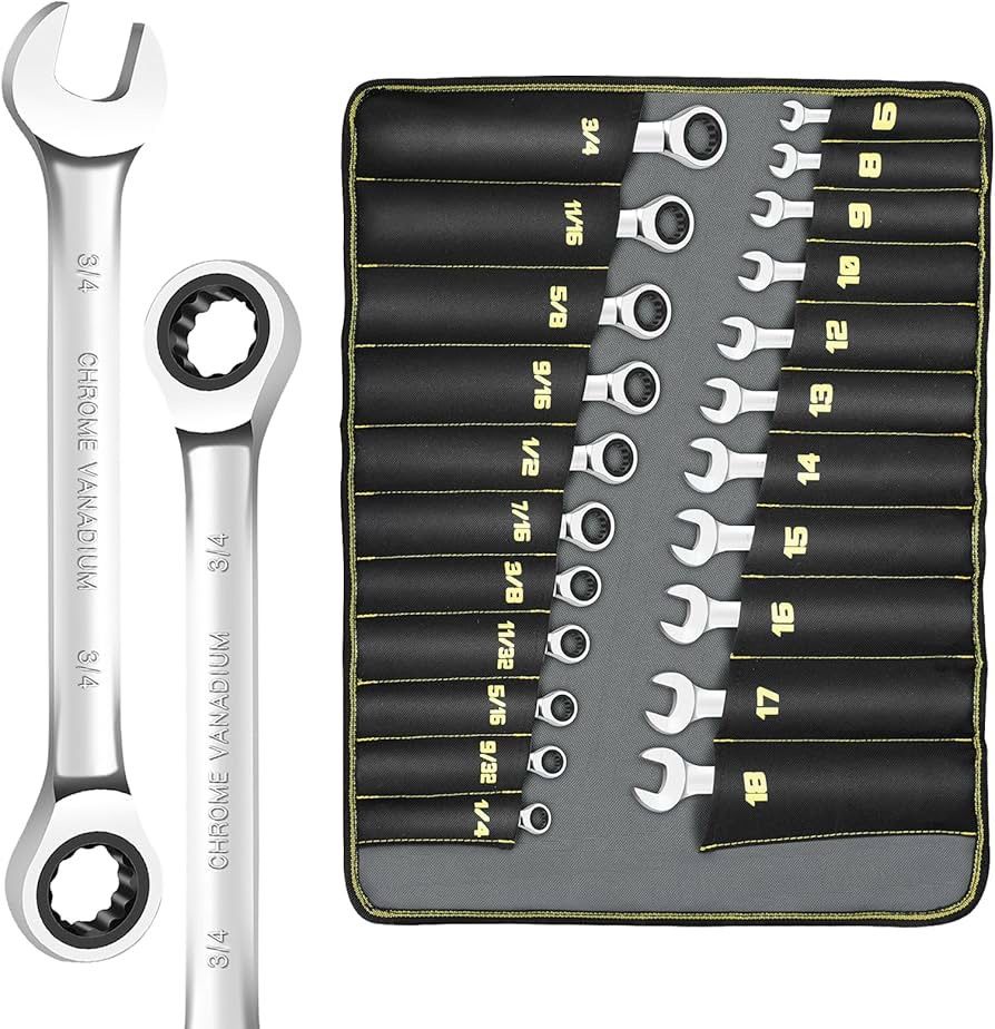 Ratcheting Wrench Set, 22-Piece 72 Teeth Ratchet Wrench Chrome Vanadium Steel with Roll Up Pouch