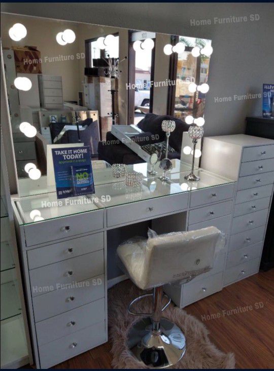 Vanity Station White Dresser Frameless Mirror Makeup Organizer🤩NEW