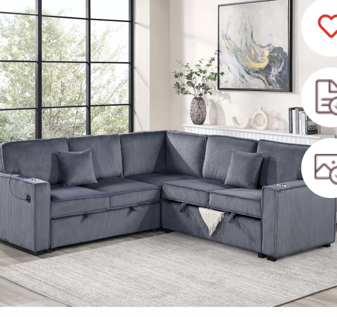 $528 Sectional Pull Out Bed With Storage USB Cup Holder Available,I Ivory,Dark Gray,Corduroy
