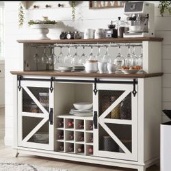 OKD Farmhouse Coffee Bar Cabinet with LED Lights, 45" Wine Bar Cabinet w/Sliding Barn Door & Wine and Glass Rack, Kitchen Buffet Cabinet w/Storage She