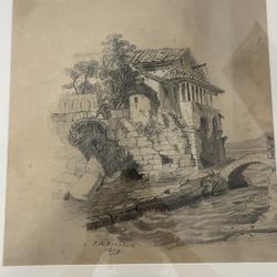 Rare Orginal Hand Sketch Castle Scene 1890 Signed 